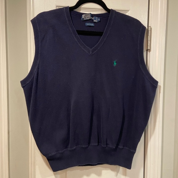 Polo Ralph Lauren Men’s Navy Blue Cotton Pullover Vest Green Pony Logo Size L - Picture 1 of 10
